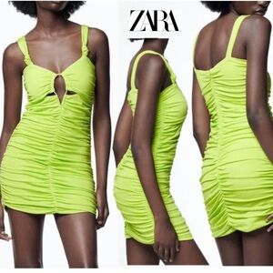Zara lime green ruched draped sleeveless cut-out bodycon mini dress thick straps